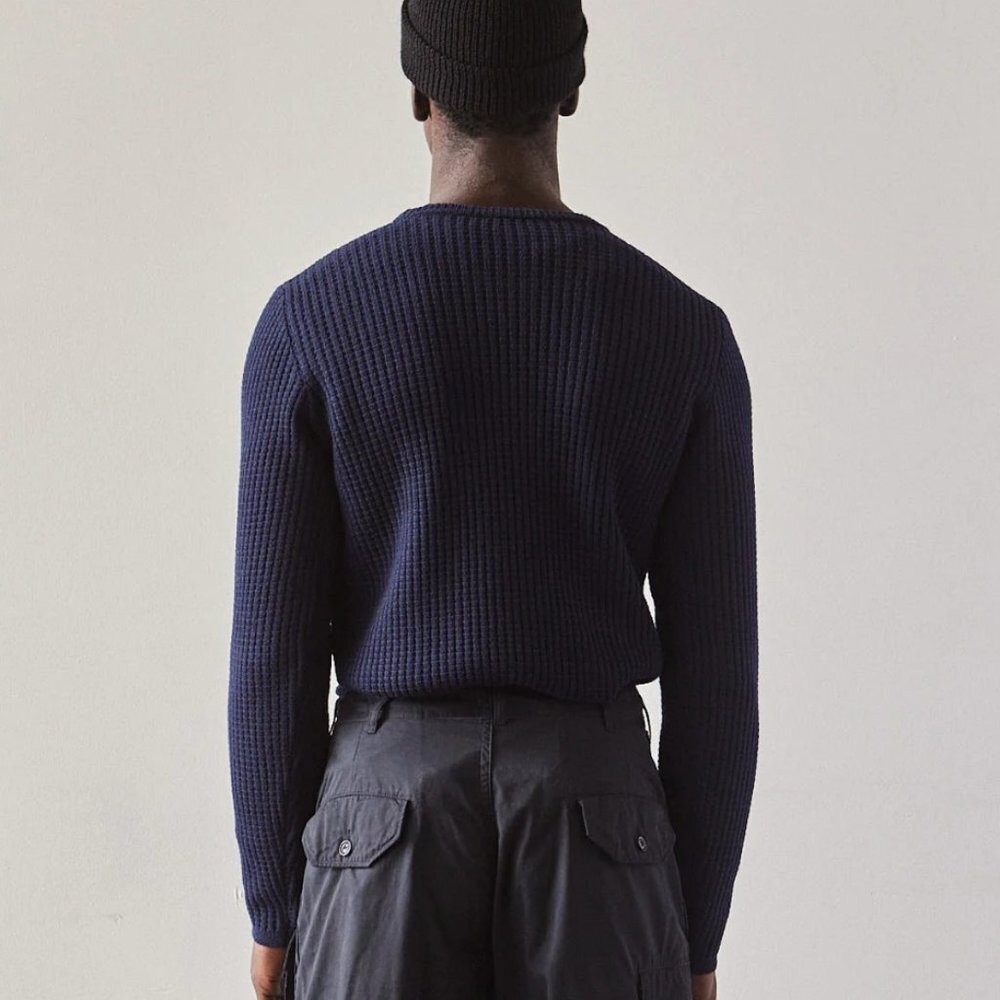 Engineered Garments Crew Neck Fisherman Sweater in Navy‎ Waffle - Picture 2 of 11